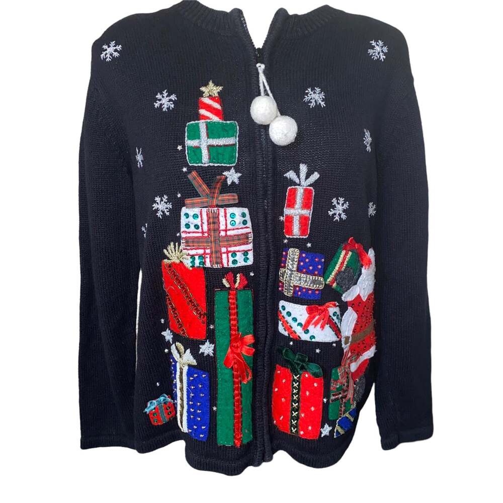 Vintage Christmas Sweater embroidered sequins embellished snowflakes Santa sz M